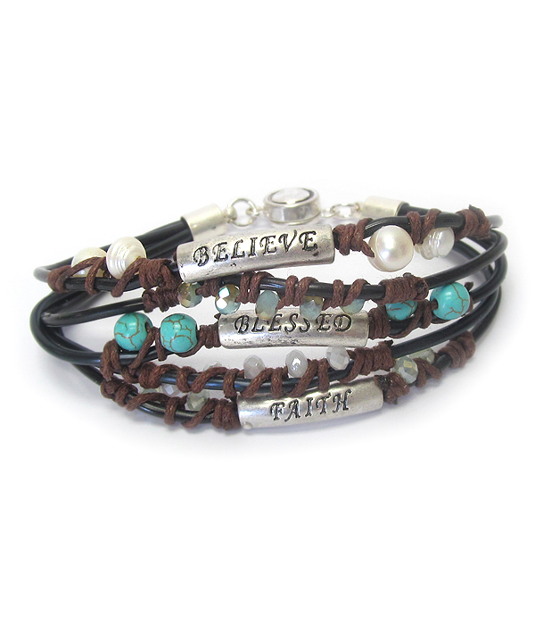 Multi bead and cord metal tube magnetic bracelet - believe blessed faith