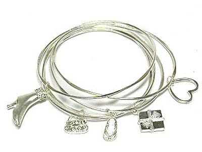 Crystal stud multi charm dangle 5 row bangle set