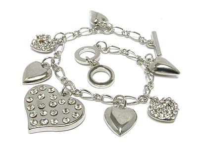 Multi crystal heart charm toggle bracelet