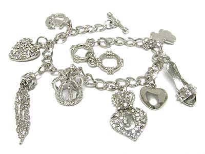 Multi 3d crown heart and shoe charm toggle bracelet