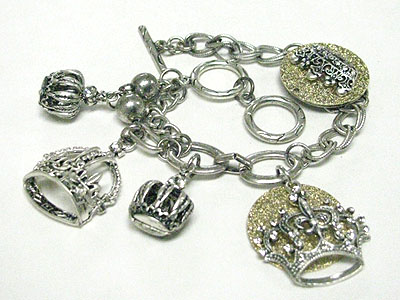 Crystal stud multi crown theme charm dangle multi chain bracelet