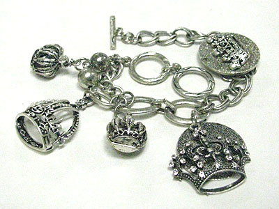 Crystal stud multi crown theme charm dangle multi chain bracelet