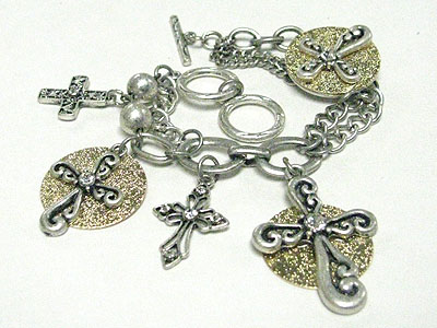 Crystal stud multi cross charm dangle multi chain bracelet