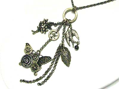 Burnish metal flower and bird butterfly drop long necklace