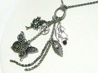 Burnish metal flower and bird butterfly drop long necklace