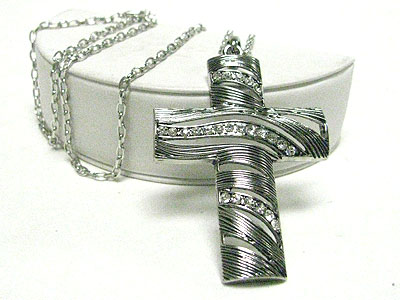 Crystal wave metal cross pendant long necklace