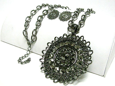 Crystal accent large metal filigree round pendant long necklace set