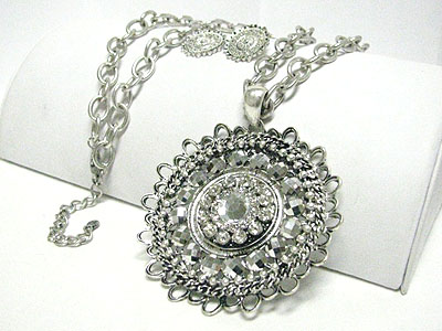 Crystal accent large metal filigree round pendant long necklace set