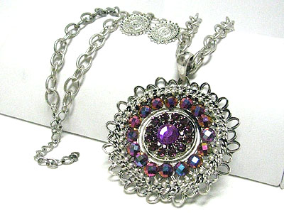 Crystal accent large metal filigree round pendant long necklace set