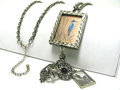 Antique style multi charm and picture frame pendant long necklace