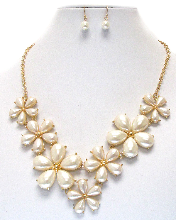 Multi pearl deco flower link chain necklace earring set