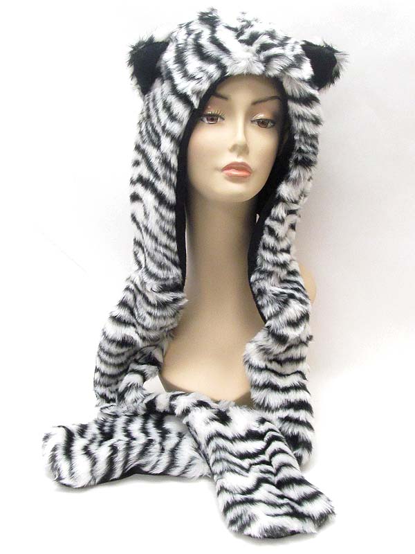 Animal full winter hat or hood with attached mitten glove