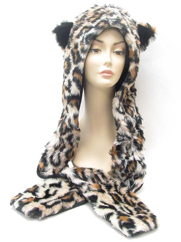 Animal full winter hat or hood with attached mitten glove