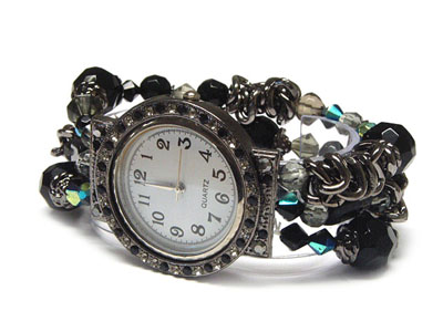 Crystal round face and multi row beads stretch band fashion watch