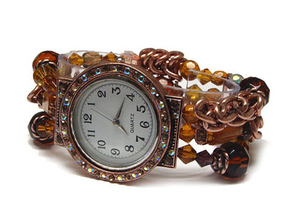 Crystal round face and multi row beads stretch band fashion watch