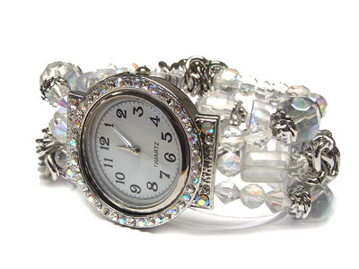 Crystal round face and multi row beads stretch band fashion watch