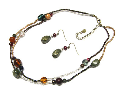 Genuine stone and glass two line necklace and earring set