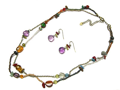 Genuine stone and glass two line necklace and earring set