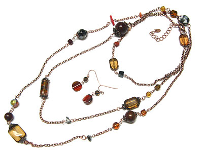 Genuine stone and glass three line long necklace and earring set