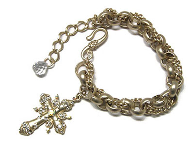 Crystal cross charm multi chain link bracelet