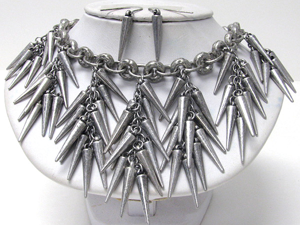 Multi metal spike drop necklace earring set