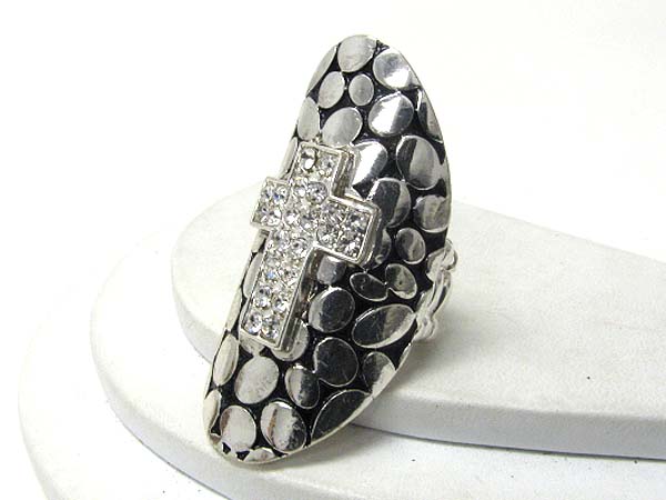 Glam punk rock crystal cross deco and designer pattern large stretch ring