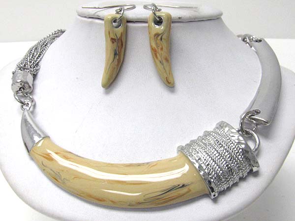 Epoxy and textured metal ivory link multi chain necklace earring set