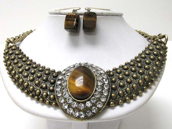 Architectural crystal and stone deco half chocker metal necklace earring set