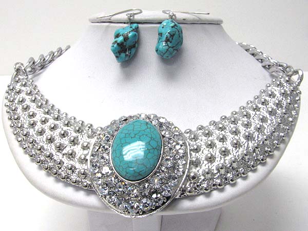 Architectural crystal and stone deco half chocker metal necklace earring set