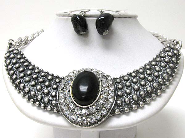 Architectural crystal and stone deco half chocker metal necklace earring set