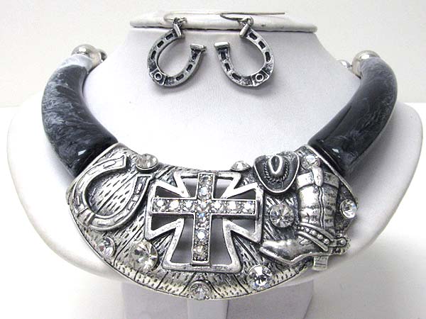 Massive style crystal cross and horse shoe necklace earring set