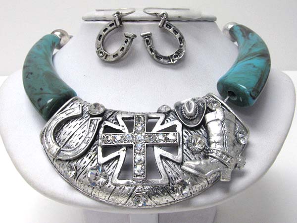 Massive style crystal cross and horse shoe necklace earring set