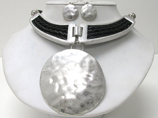 Round hammered metal medallion and cord and metal necklace earring set