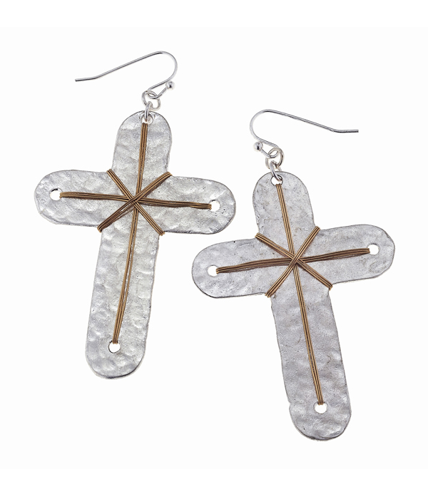 Hammered and wire wrap cross earring