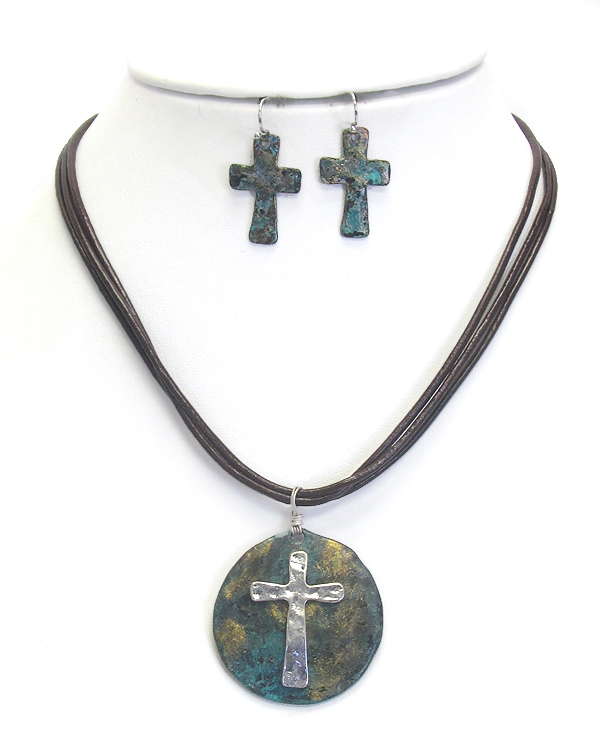 Vintage cross disk and multi cord necklace set