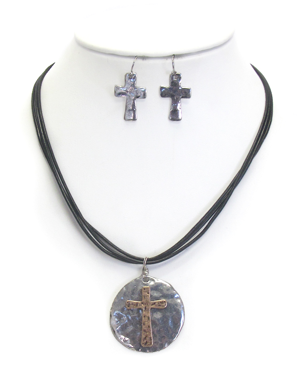 Vintage cross disk and multi cord necklace set