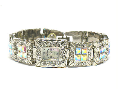 Multi crystal metal band watch