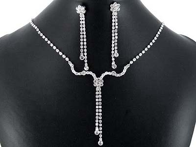 Rhinestone boutique style two line dangles necklace and earring set 