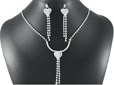 Rhinestone boutique style heart and dangle necklace and earring set