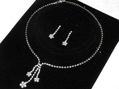 Rhinestone boutique style 3 row flower dangle necklace and earring set