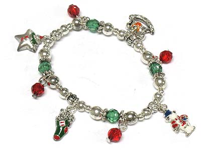 Christmas theme multi charms and beads stretch bracelet