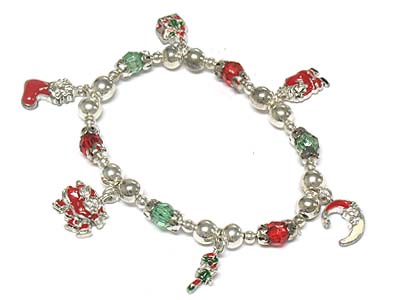 Christmas theme multi charms and beads stretch bracelet