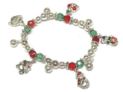 Christmas theme multi charms and beads stretch bracelet