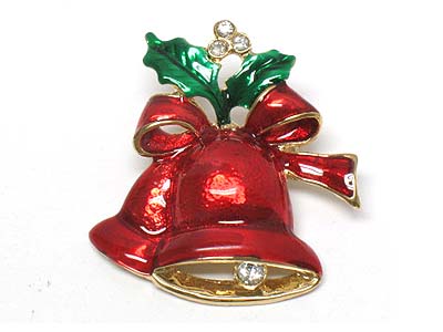 Christmas double bell and crystal deco brooch