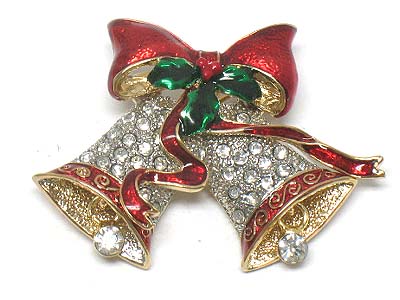 Christmas crystal deco double bell and ribbon brooch