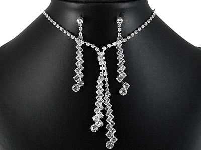 Rhinestone boutique style double line dangles necklace and earring set 