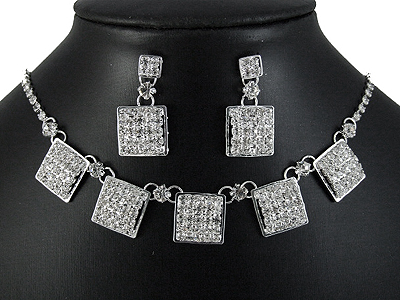 Rhinestone boutique style sqaure pattern necklace and earring set 