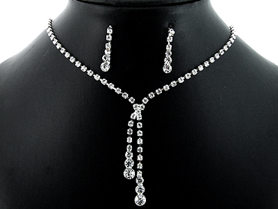 Rhinestone boutique style dual drop necklace and earring set 