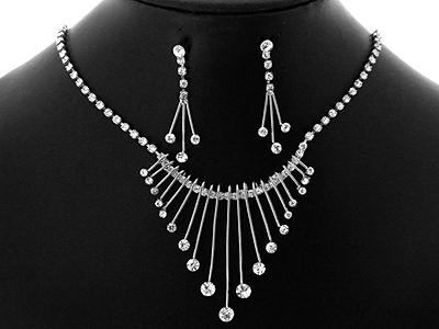 Rhinestone boutique style multi crystal dangle necklace and earring set 