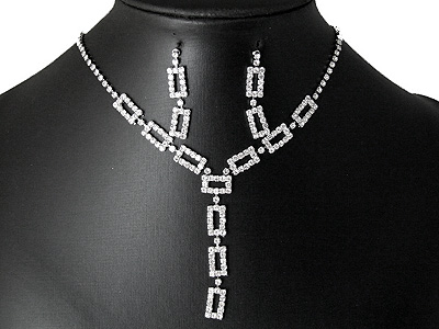 Rhinestone boutique style small rectangle pattern necklace and earring set